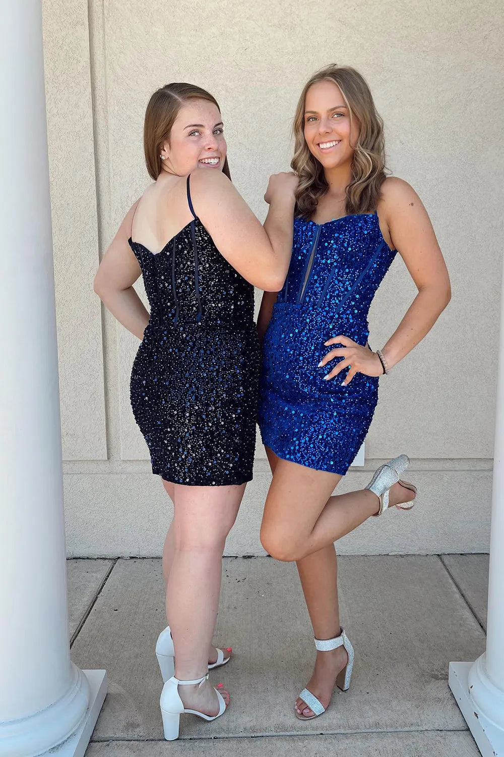 Sparkly Royal Blue Bodycon Spaghetti Straps Sequins Corset Short Homecoming Dress