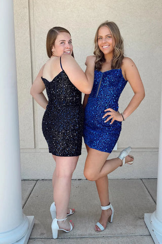 Sparkly Royal Blue Bodycon Spaghetti Straps Sequins Corset Short Homecoming Dress