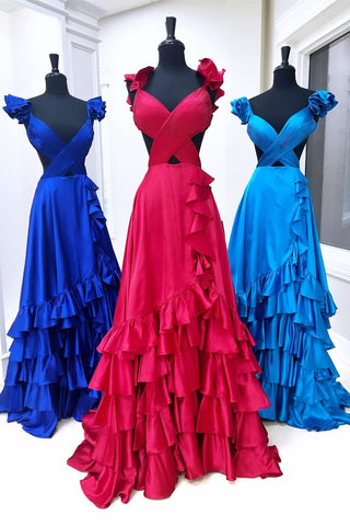 Cutout Ruffle A-Line Long Prom Dress with Slit