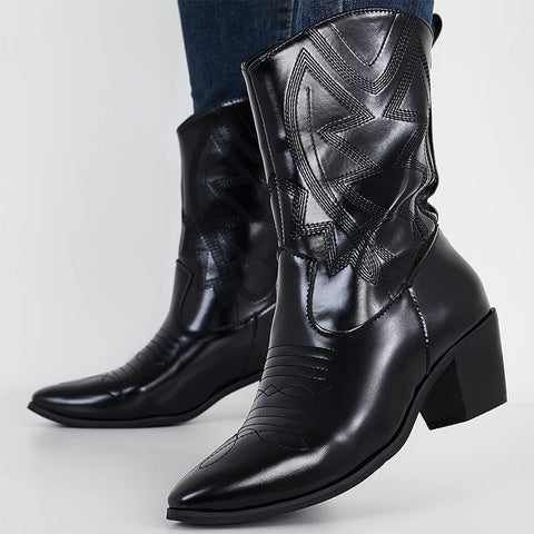 Embroidered Western Cowgirl Booties Pull on Chunky Heel Ankle Boots