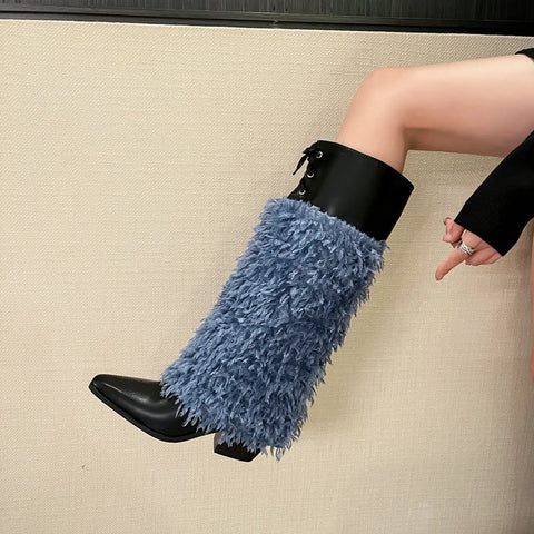 White Blue Feather Pointy Tall Boots Womens Elegant High Heels Shoes Ladies Casual Winter Autumn Catwalk Perform Knee High Boots