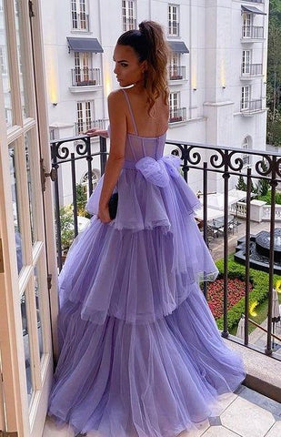 A-line Tiered Ruffled Long Tulle Prom Dress