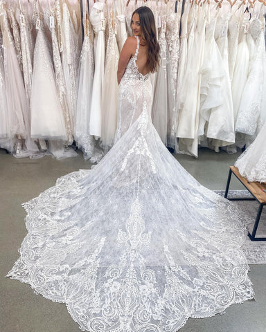 V-Neck Backless Wedding Dresses Mermaid With Lace