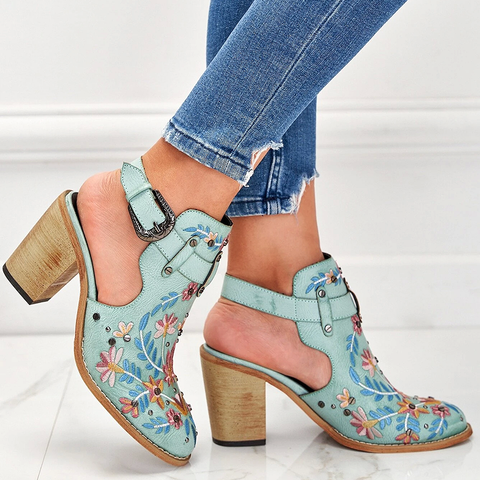 Pink Cutout Embroidered Chunky Heels Ankle Strap Slingback Sandals