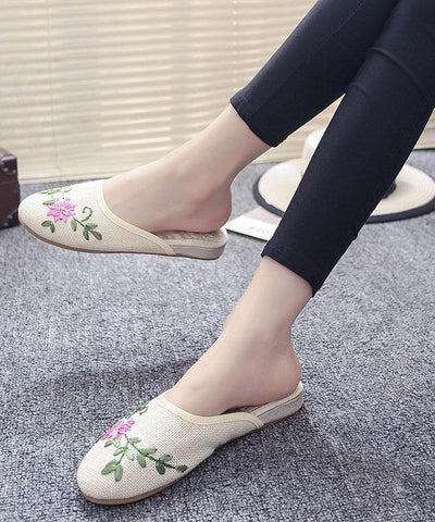 Women Khaki Embroideried Linen Fabric Slippers Shoes