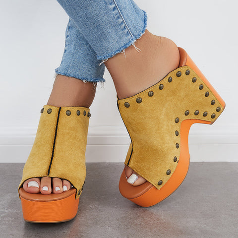 Retro Chunky Platform Heel Mules Slip on Sandals