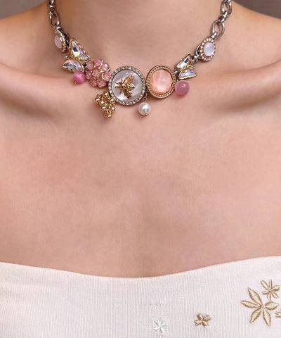 Fashion Gold Sterling Silver Overgild Floral Cherry Jade Pendant Necklace Two-Piece Set