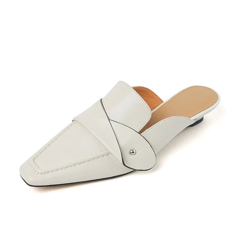 Muller Slippers Women Pumps Square Toe Genuine Leather Slippers Spring Summer Concise Casual Working Shoes Woman New Arrival