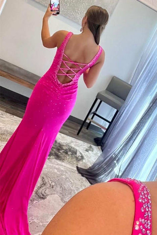 Elle | Meerjungfrau-Ballkleid aus Satin mit V-Ausschnitt und Perlenbesatz und überkreuztem Rücken