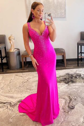 Elle | Meerjungfrau-Ballkleid aus Satin mit V-Ausschnitt und Perlenbesatz und überkreuztem Rücken