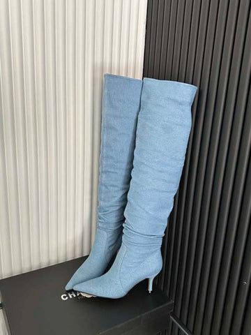 Sexy Women Over The Knee Boots Chelsea Booties Pointed Toe Blue Black White Denim Cloth Winter Dress Shoes Slip On Autumn Boots