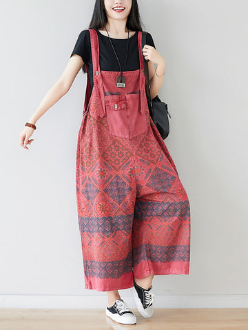 Women Ethnic Print Pocket Button Loose Wide-leg Jumpsuits