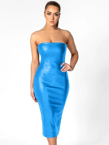Pu Faux Leather Women Midi Party Dress Women Backless Sexy Hot Clubwear Skinny Slim Solid Fashion Elegant Bodycon Dresses
