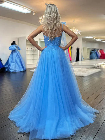 Cute A Line One Shoulder Blue Tulle Prom Dress with Appliques