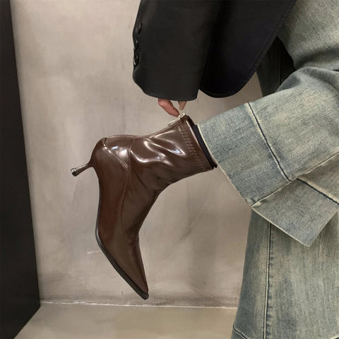 - Herbst und Winter Neue Damenschuhe High Heel Spitz Französische Kurze Stiefel Damenschuhe Plüsch Schlanke Stiefel Koreanische Kleine Stiefeletten