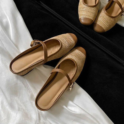 Designer Summer Women Weave Mules Slippers Fashion Shallow Slip On Ladies Outdoor Slides Female Flats Shoes