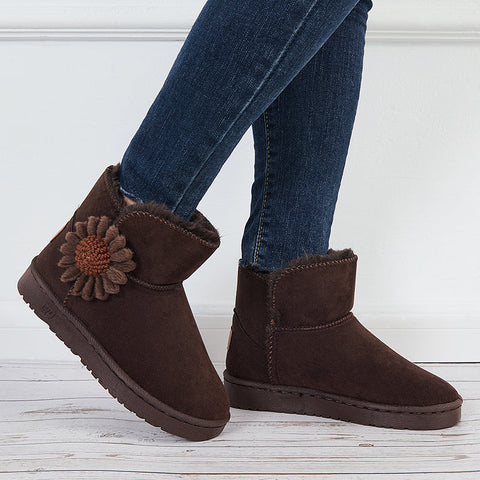 Warm Faux Fur Ankle Snow Boots Flower Winter Booties