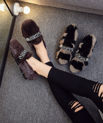 Schwarz Khaki Nerz Haar Boutique Spleißen Zirkon Flache Schuhe