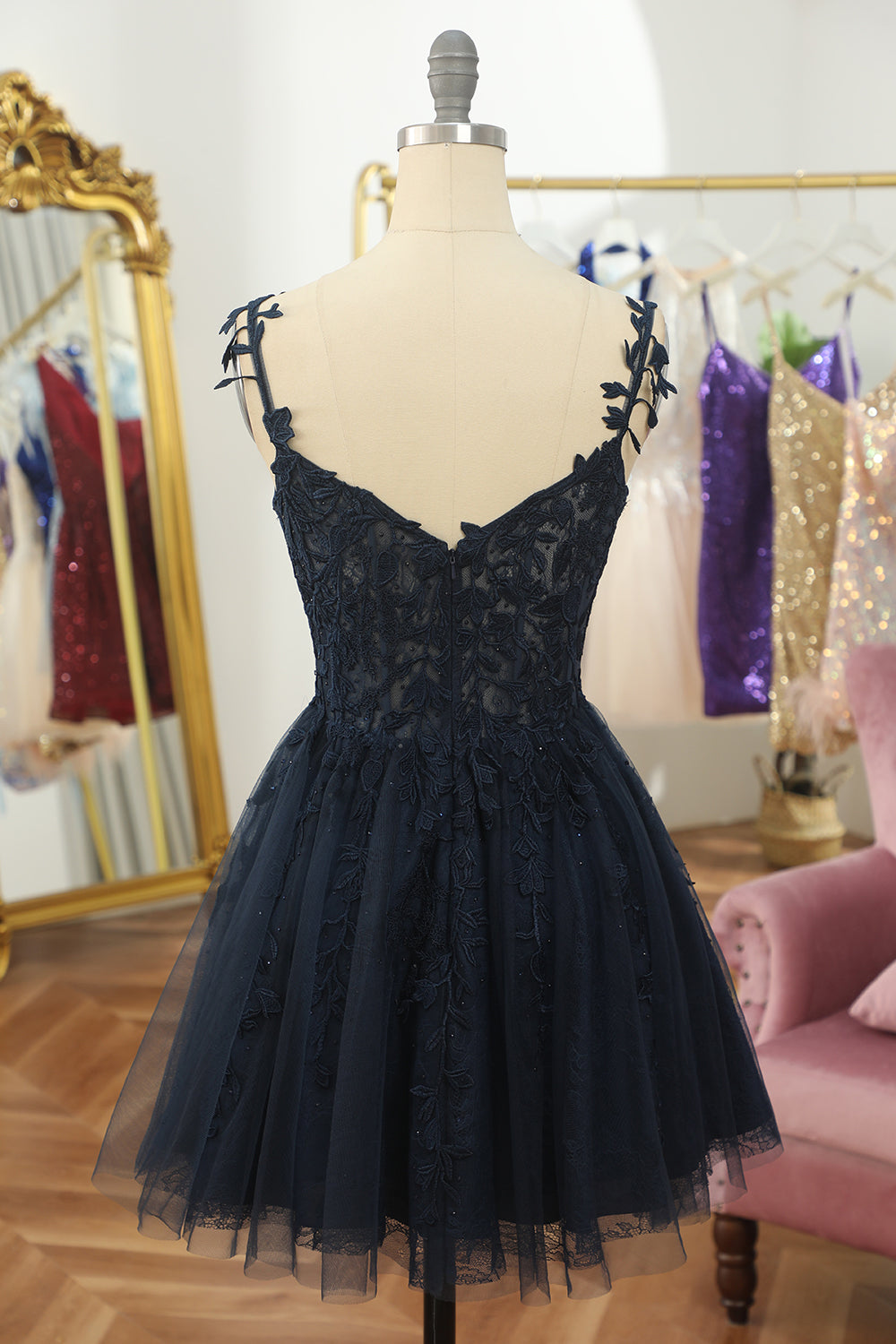Navy Backless Short Cocktail Dress with Appliques