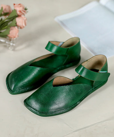 Bequeme grüne Flats aus Rindsleder, handgefertigt, flache Schuhe mit Schnallenriemen