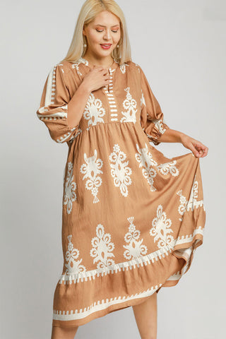 Full Size Printed Notched Midi Resort Dress