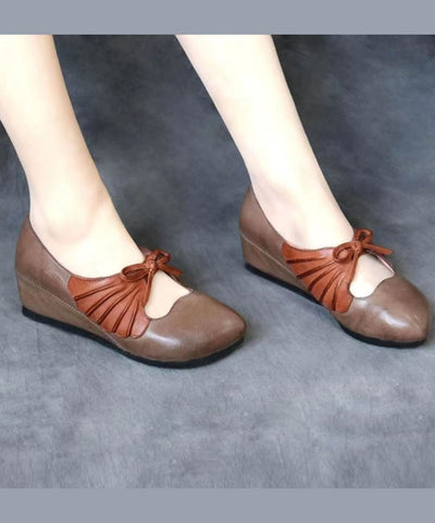 Vintage Brown Comfortable Cowhide Leather High Wedge Heels Shoes