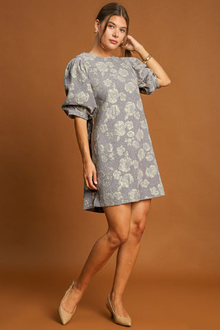 Floral Jacquard Puff Sleeve Mini Resort Dress