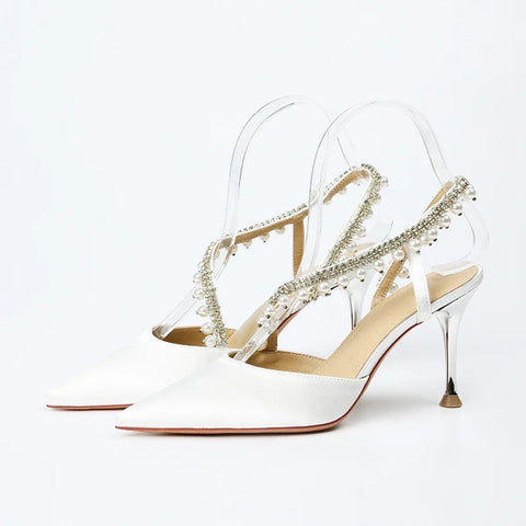 2024 Spring/Summer One line Wrap Head Sandals French Pearl Water Diamond White Wedding Shoes High Heels Slim Heels