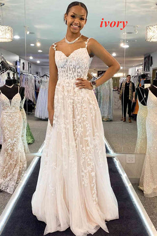 A-line Sweetheart Lace Tulle Prom Dress with Slit