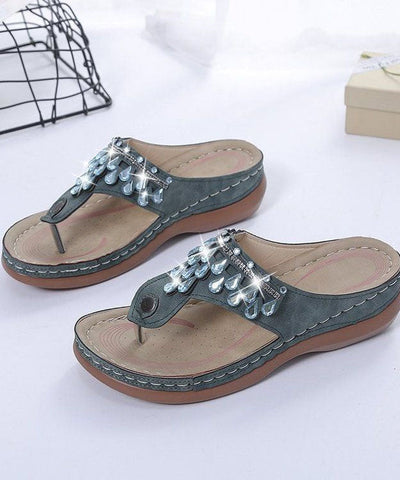 0508Unique Zircon Splicing Wedge Thong Sandals Green Faux Leather