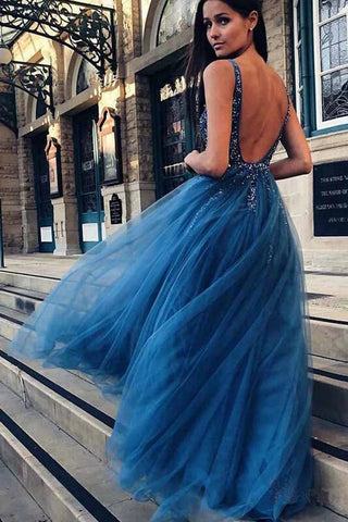 A-line V-neck Tulle Backless Prom Dress With Sequins Appliques
