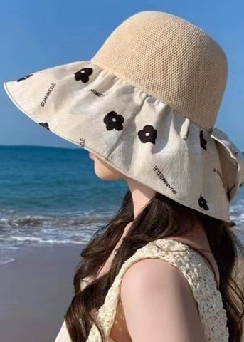 Boho Beige Print Schleife Patchwork Strick Schlapphut