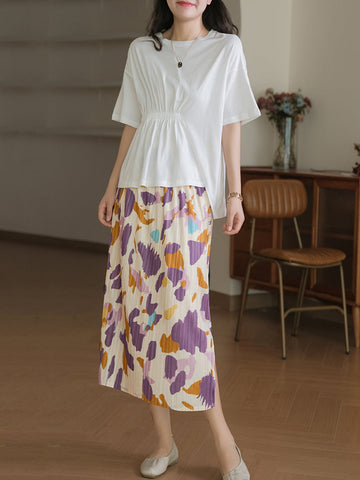 Women Artsy Flower Summer Split Hem Draped Skirt