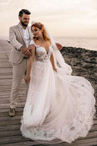 Bmbridal Cap Sleeves Tulle Summer Wedding Dress With Lace