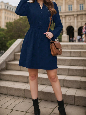 Drawstring Dark Blue, Waist Notched Long Sleeve Short Dress