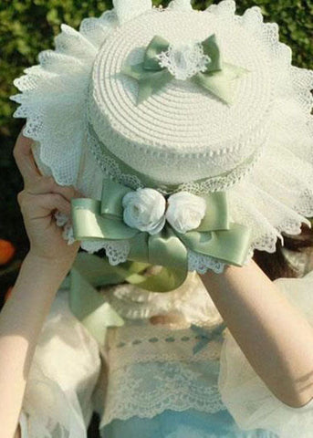 Style Hellgrüner Sonnenhut aus gewebtem Stroh mit Spitzenschleife und Blumenmuster