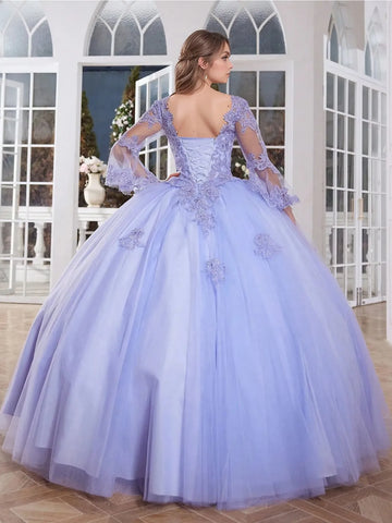 Luxury Lace V-Neck Ball Gown Quinceanera Dress with Flare Sleeve