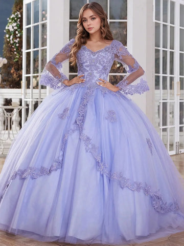 Luxury Lace V-Neck Ball Gown Quinceanera Dress with Flare Sleeve