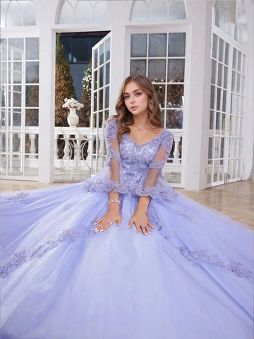 Luxury Lace V-Neck Ball Gown Quinceanera Dress with Flare Sleeve