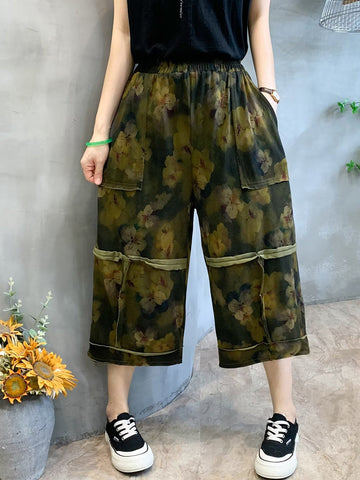 Women Summer Retro Flower Print Spliced Pocket Loose Pants