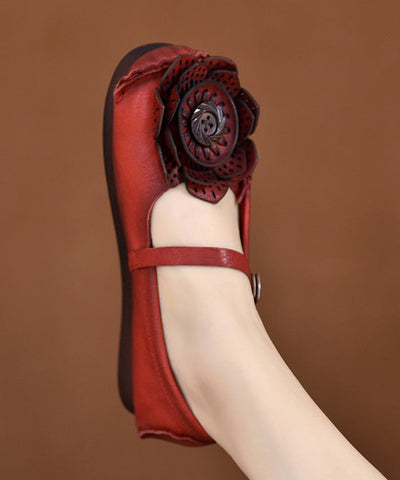 Original Retro Rote Blumen Weiche Sohle Rindsleder Flache Schuhe
