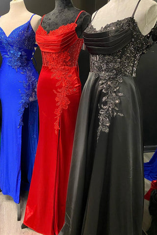 Spaghetti Strap Appliques Mermaid Long Dress with Slit