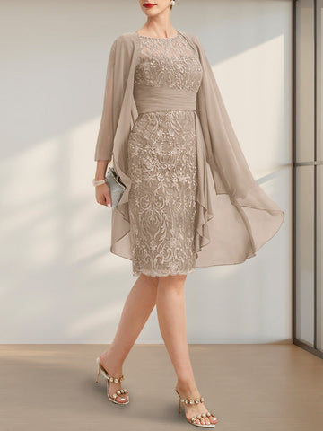 Sheath/Column Scoop Illusion Knee-Length Lace Chiffon Mother of the Bride Dress With Cascading Ruffles Sequins