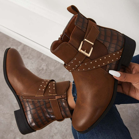Chunky Low Heel Chelsea Booties Buckle Strap Ankle Boots