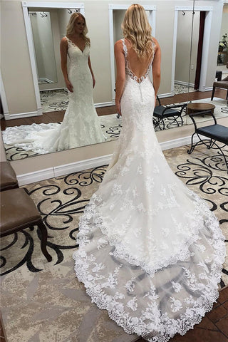 Bmbridal Open Back Mermaid Lace Wedding Dress Sleeveless
