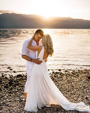 V-Neck Sleeveless Wedding Dress Beach Long