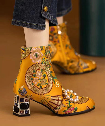Bohemian Black Embroidery Nail Bead Zircon Chunky Heel Boots