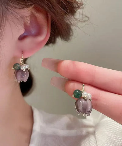 Cute Purple Alloy Pearl Colored Glaze Floral Drop Earrings