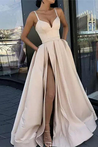 A Line Spaghetti Straps Black Long Prom Dress with Silt