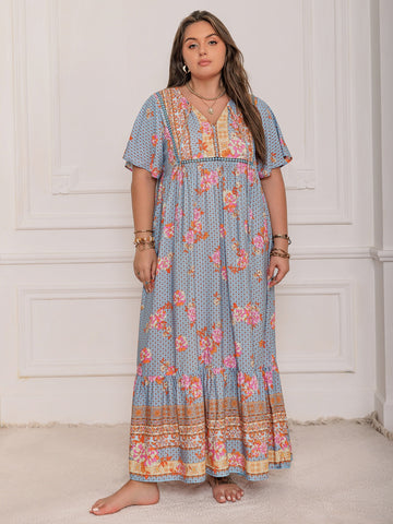 Plus Size Floral Sleeve Beach Maxi Dress